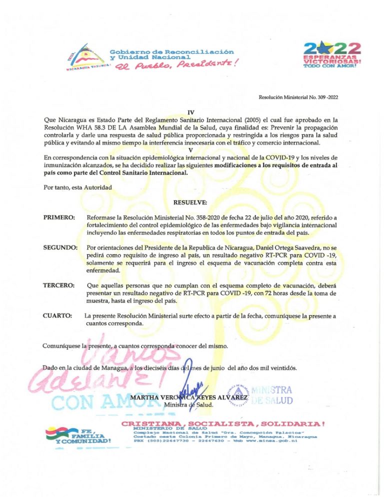 Nicaragua modifica requisitos para entrar a su territorio