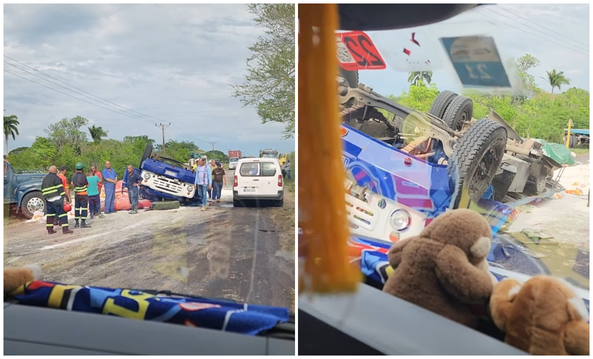 Camión lleno de harina de trigo termina volcado en las carreteras de Las Tunas. (Captura de pantalla © Williams Montiel-Facebook)