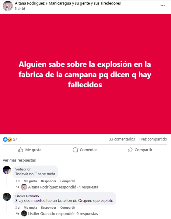 Usuarios en redes sociales informaron sobre la explosión. (Captura de pantalla © Aitana Rodríguez-Facebook)