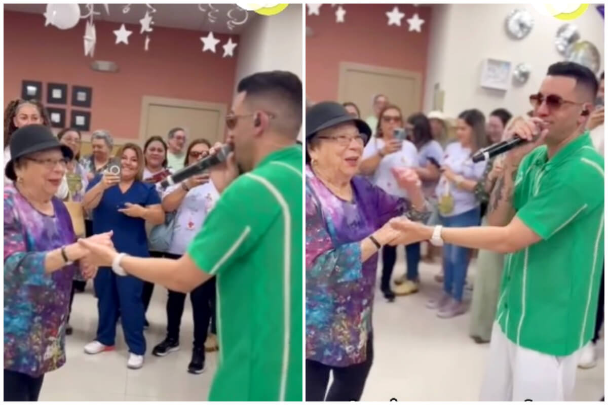 Lenier Mesa baila con una de las mamás que sorprendió en pleno festejo. (Captura de pantalla © Despierta America- Instagram)