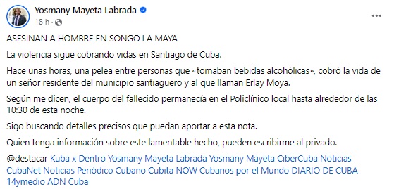 Denuncian asesinato en Santiago de Cuba. (Captura de pantalla © Yosmany Mayeta Labrada-Facebook)