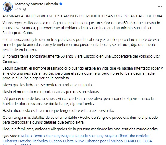 Publicación compartida por el periodista independiente. (Captura de pantalla © Yosmany Mayeta Labrada-Facebook)