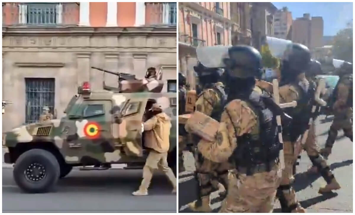 Militares tomaron la Plaza Murillo y la sede de gobierno en Bolivia. (Captura de pantalla X © Abya yala TV/ Nacho Montes de Oca)