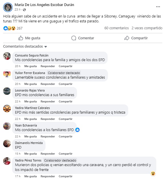 Denuncia sobre el accidente en el que murieron los oficiales. (Captura de pantalla © María De Los Angeles Escobar Durán-Facebook)