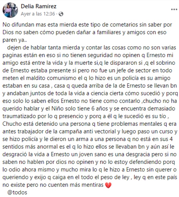 Denuncia de joven que recibió disparo en Granma. (Captura de pantalla © Delia Ramírez-Facebook)