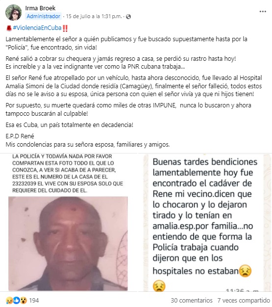 Publicación sobre el anciano desaparecido en Camagüey. (Captura de pantalla © Irma Broek-Facebook)