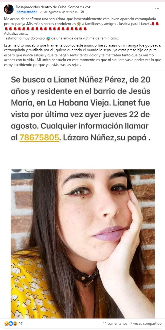 La joven fue reportada como desaparecida un día antes de ser encontrada sin vida. (Captura de pantalla © Desaparecidos dentro de Cuba Somos tu voz-Facebook)