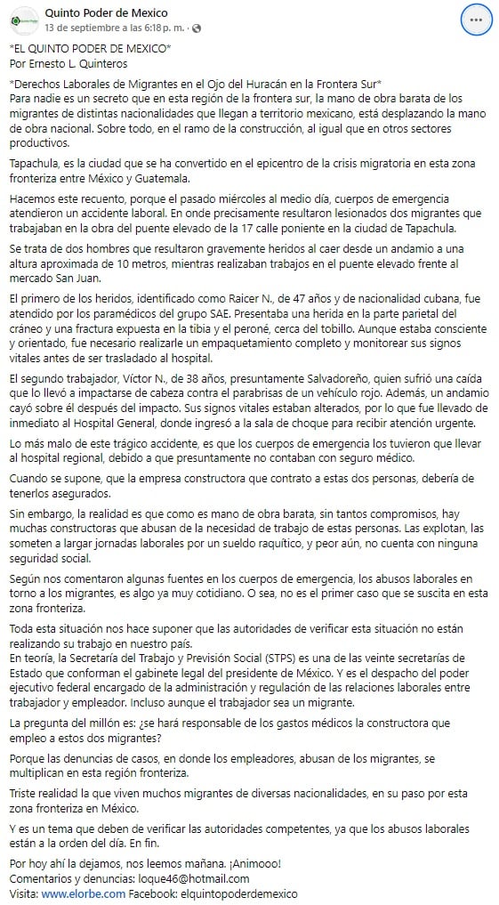 El medio habló sobre la situación que viven los migrantes en Chiapas. (Captura de pantalla © Quinto Poder de México-Facebook)