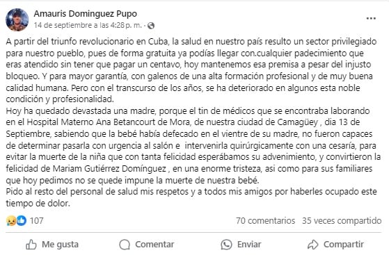 Denuncia compartida por uno de los familiares afectados. (Captura de pantalla © Amauris Dominguez Pupo-Facebook)