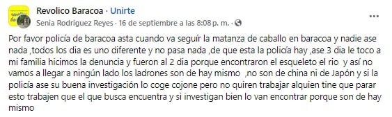 La denuncia de la mujer asegura que la PNR no hace nada al respecto. (Captura de pantalla © Senia Rodriguez Reyes-Facebook)