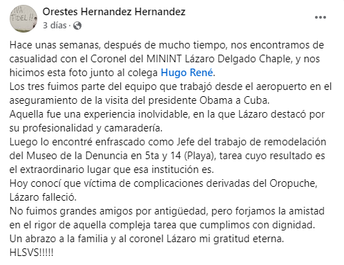 La publicación señala sobre presuntas complicaciones, pero no da más detalles. (Captura de pantalla © Orestes Hernández Hernández-Facebook)