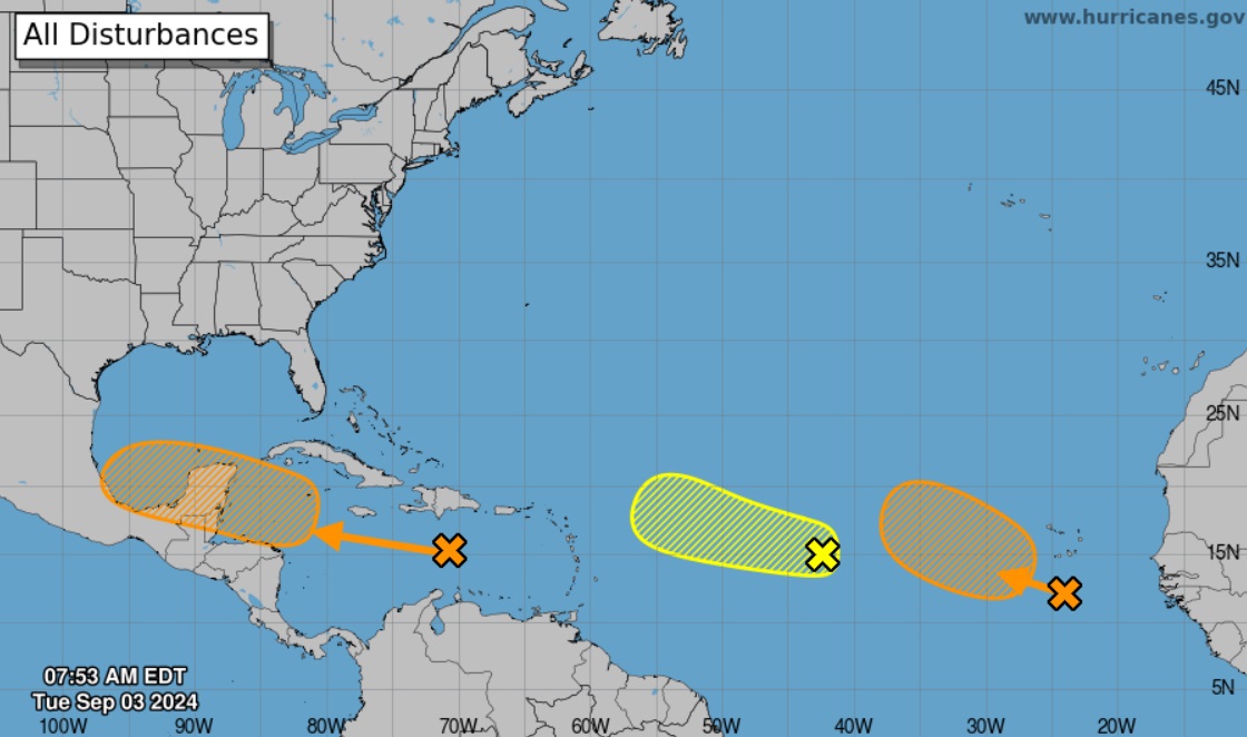 Los múltiples sistemas avanzando hacia el Caribe. (Captura de pantalla © NHC)