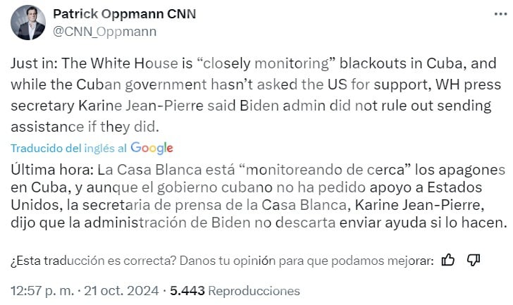 La administración de Joe Biden asegura que está dispuesta a brindar apoyo a la Isla. (Captura de pantalla © Patrick Oppmann CNN-Twitter)