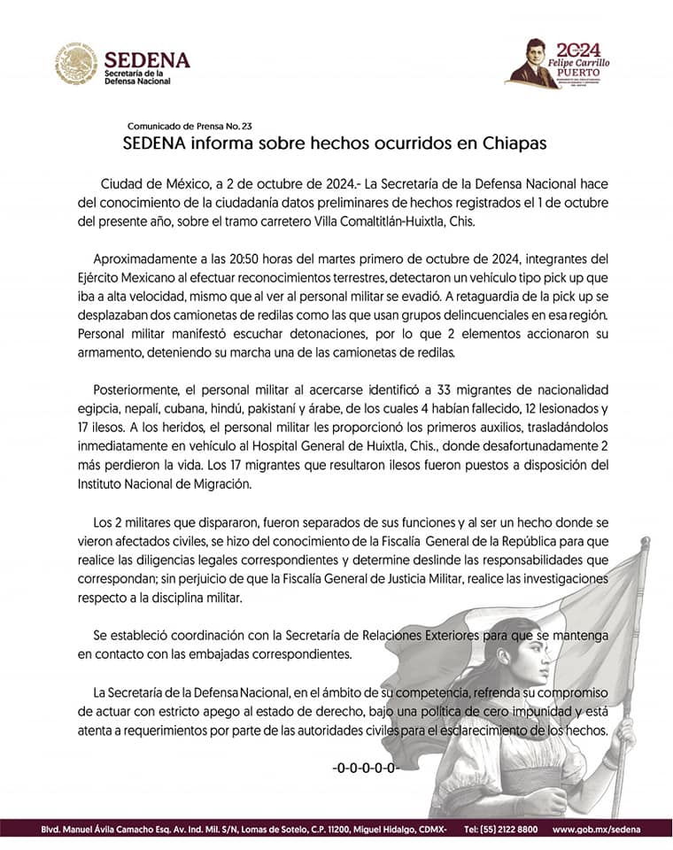 Comunicado oficial compartido en redes sociales por la Secretaría de la Defensa Nacional.