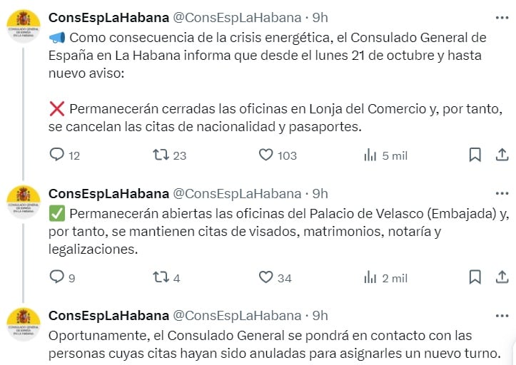 Comunicado compartido por el Consulado de España en Cuba. (Captura de pantalla © ConsEspLaHabana-Twitter)