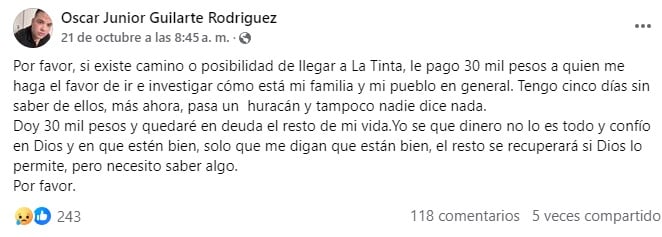 Publicación en la que un cubano ofrece dinero por información sobre sus seres queridos. (Captura de pantalla © Oscar Junior Guilarte Rodríguez-Facebook)