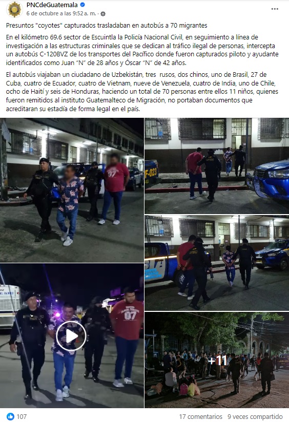 Hubo 27 cubanos detenidos entre  los 70 indocumentados. (Captura de pantalla © PNCdeGuatemala-Facebook)