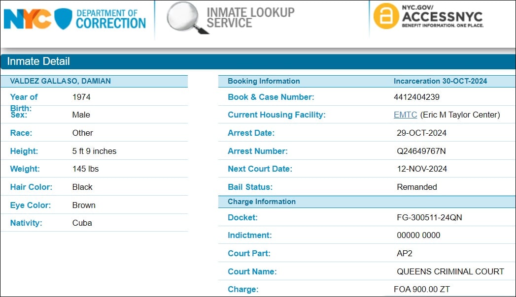 Ficha de arresto de Damián Valdez, persona de interés en caso de El Taiger. (Captura de pantalla © NYC Department of Corrections)