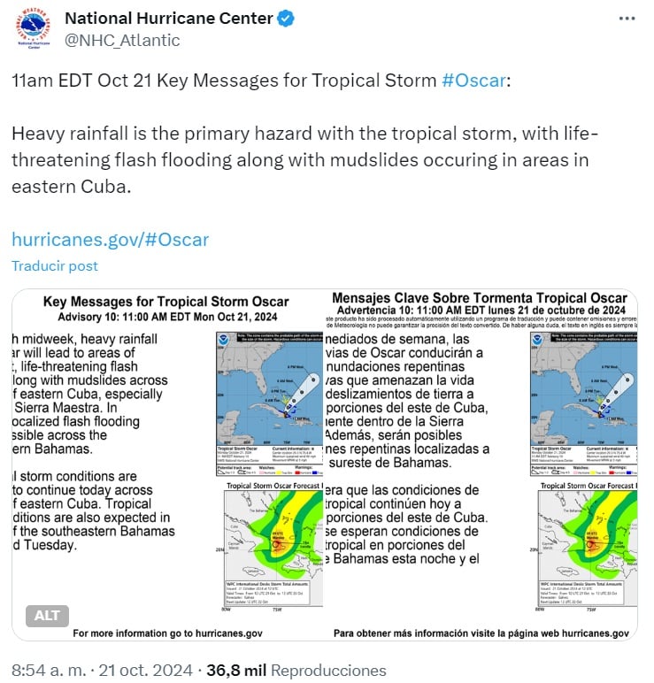 Mensaje importante sobre Oscar compartido por el Centro Nacional de Huracanes. (Captura de pantalla © NHc-Twitter)