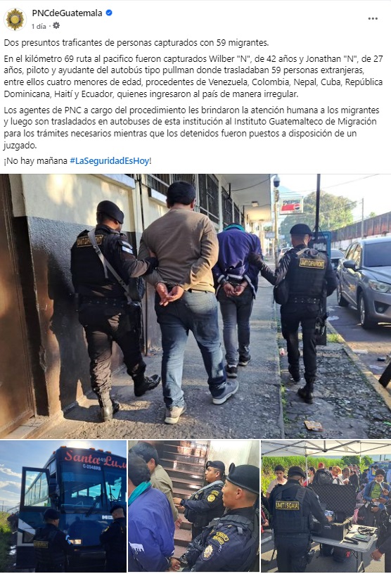 Las autoridades también arrestaron a dos presuntos coyotes. (Captura de pantalla © PNCdeGuatemala-Facebook)