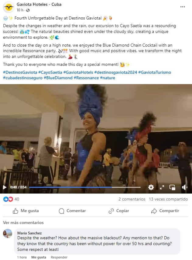 Una de las publicaciones que generó descontento entre los internautas. (Captura de pantalla © Gaviota Hoteles - Cuba-Facebook)