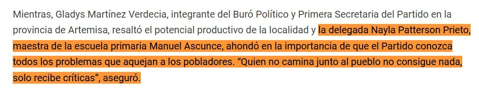 Texto que habla de Nayla Patterson en Cuba. (Captura de pantalla © Artemisa Diario)