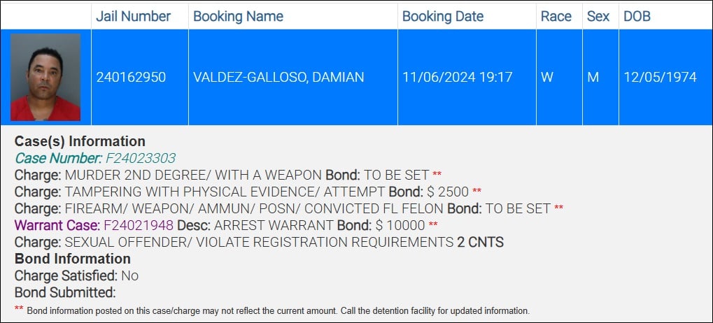 Ficha de arresto de Damián Valdez Galloso. (Captura de pantalla © Miami-Dade County Corrections and Rehabilitation)