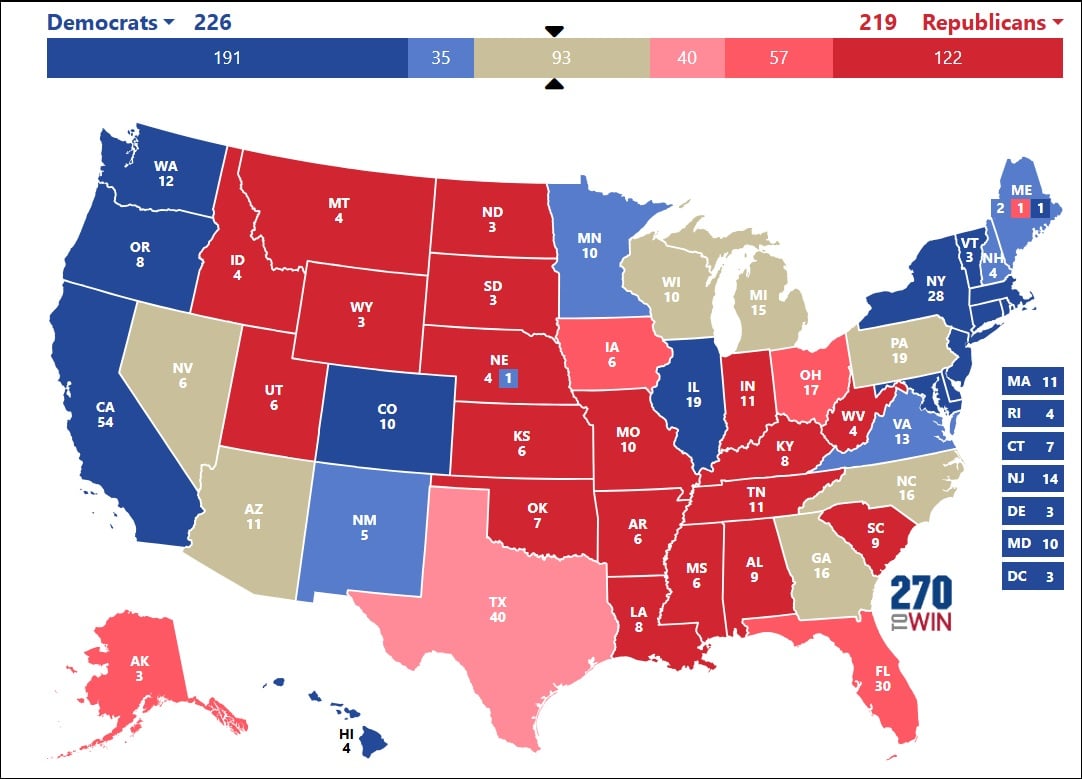 Las reñidas elecciones de 2024. (Captura de pantalla © 270towin.com)