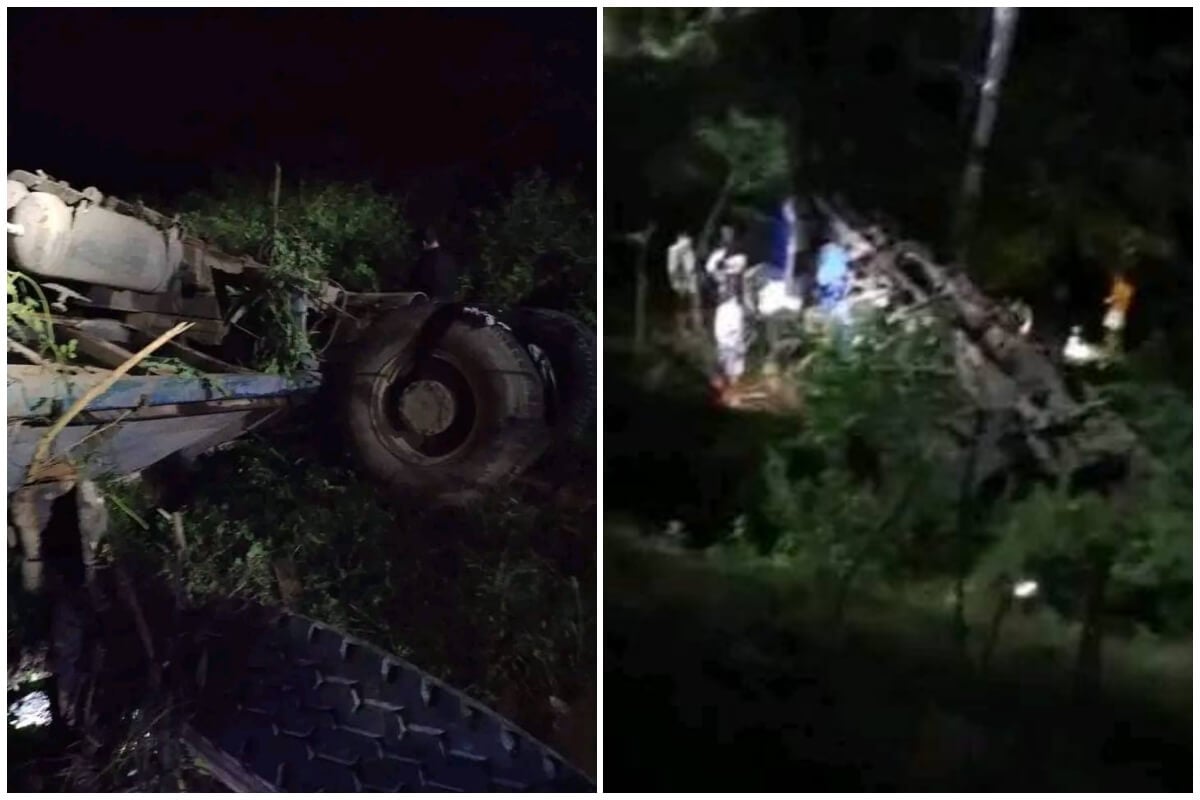 Un autobús cayó más de 10 m al vacío desde un puente. (Foto Facebook © Leandro Peña Gutiérrez/La Tijera)