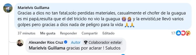 La usuaria, familiar de uno de los involucrados, confirmó que no hubo fallecidos. (Captura de pantalla © Marielvis Guillama-Facebook)