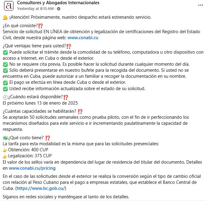 Anuncio sobre el nuevo servicio en línea. (Captura de pantalla © Consultores y Abogados Internacionales-Facebook)