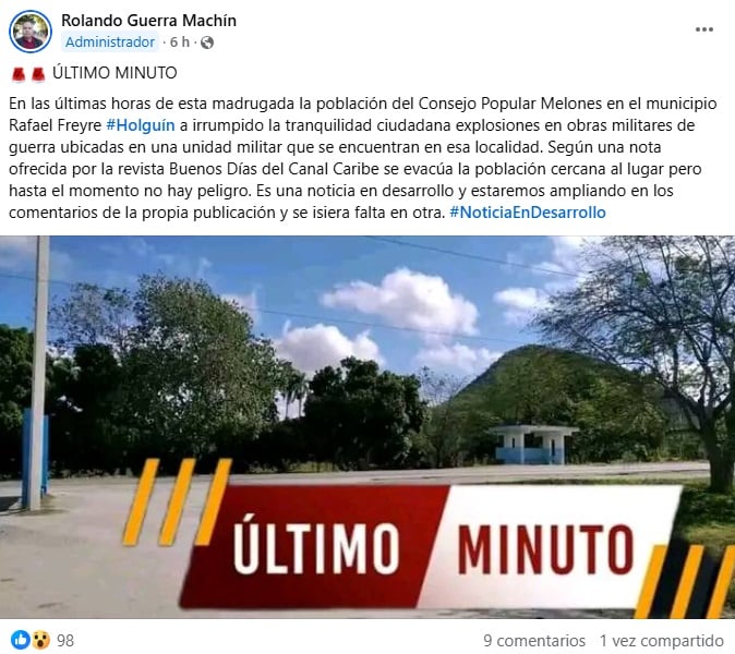 Publicación en la que se compartieron más detalles sobre lo ocurrido en Holguín. (Captura de pantalla © Rolando Guerra Machín-Facebook)