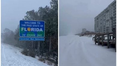 La playa de Destin se cubrió de nieve, al igual que partes de Jacksonville y Pensacola. (Captura de pantalla X © Stormyalert/ Contacto Hoy)