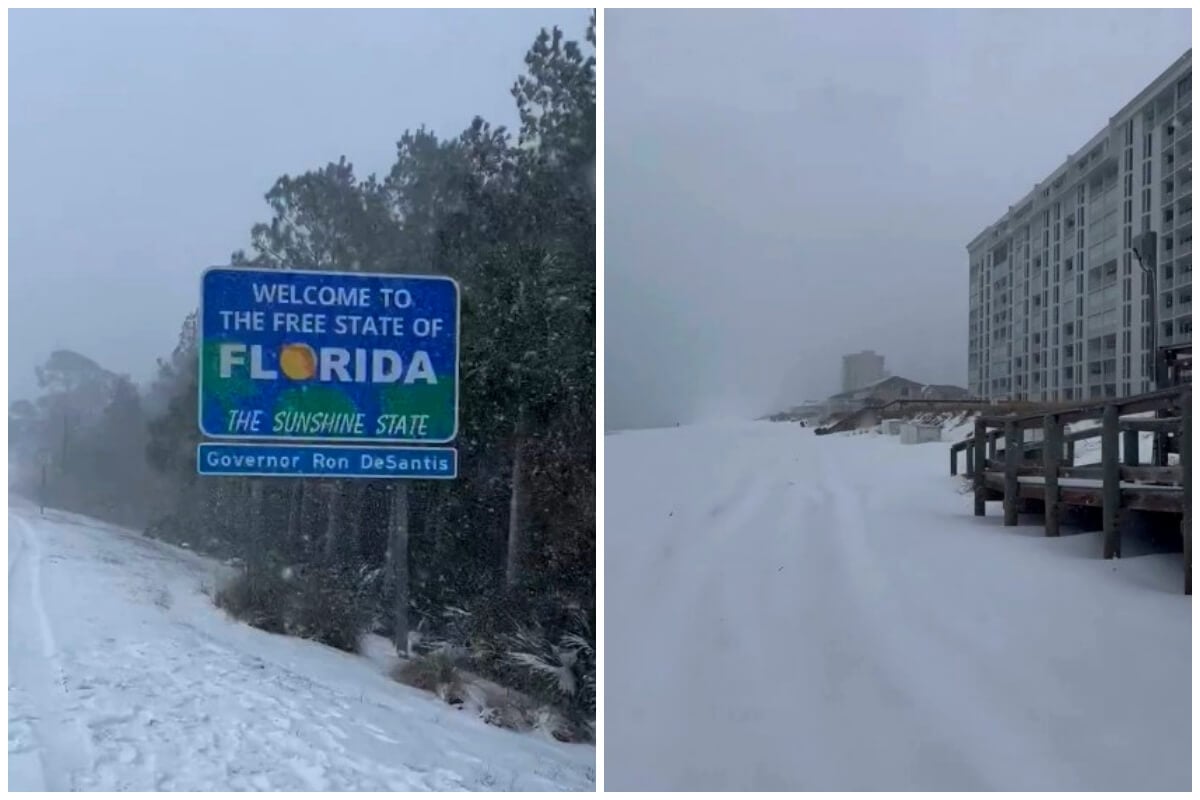 La playa de Destin se cubrió de nieve, al igual que partes de Jacksonville y Pensacola. (Captura de pantalla X © Stormyalert/ Contacto Hoy)