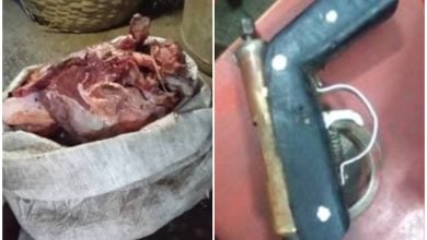 Carne ilegal y armas decomisadas durante el operativo. (Foto © Héroes del Moncada-Facebook)