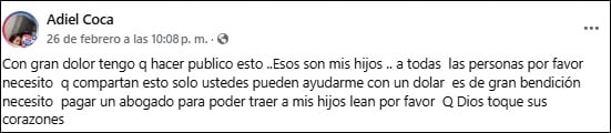 El padre explicó su situación en redes sociales. (Captura de pantalla © Adiel Coca-Facebook)