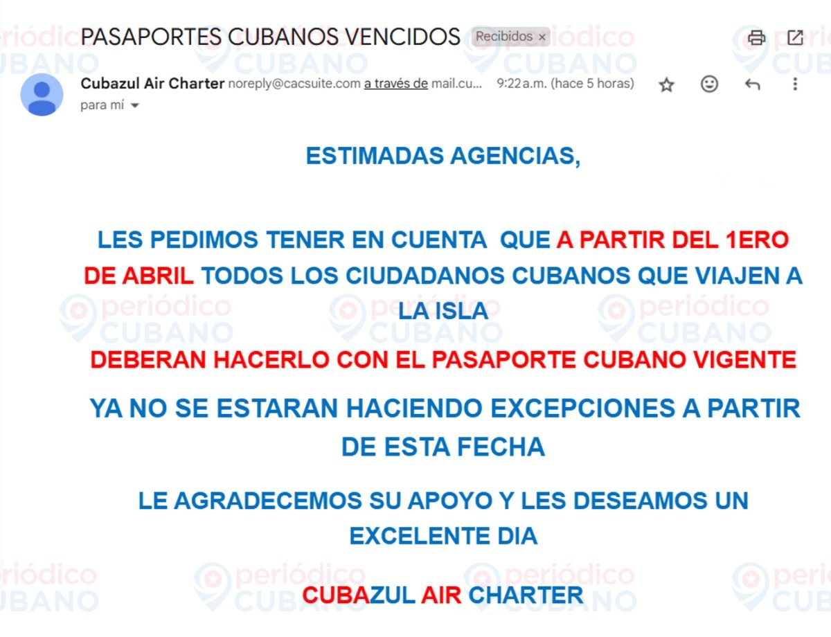 Correo electrónico enviado por empresas operadoras de vuelos chárter. (Imagen © Periódico Cubano)