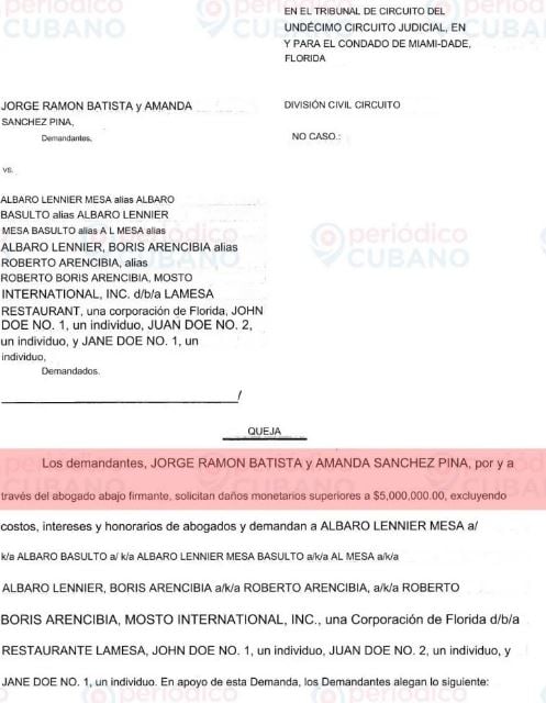 Demanda de Ultrack y Amanda Sanz contra Lenier Mesa y Boris Arencibia. (Captura de pantalla © Miamidadeclerk.gov/ Periódico Cubano)